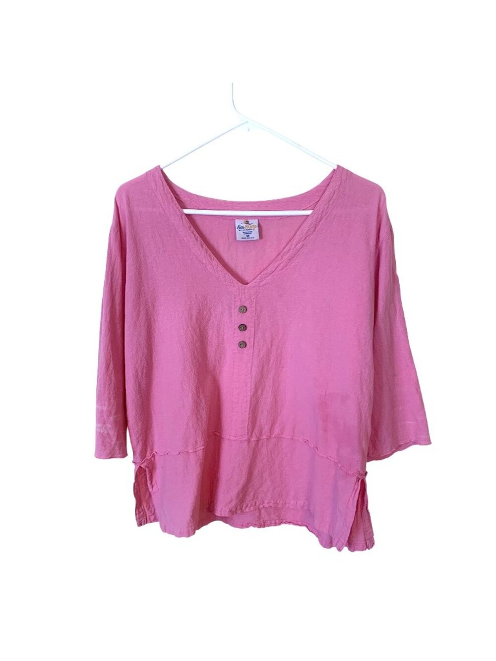 Sea Breeze Womens Pink Cotton Shirt V Neck Top 3/4 Sleeves Medium USA Hand Dyed